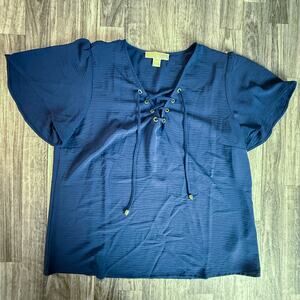 Michael Kors Navy Blue Lace Up Blouse Medium Flutter Sleeve V Neck Top M